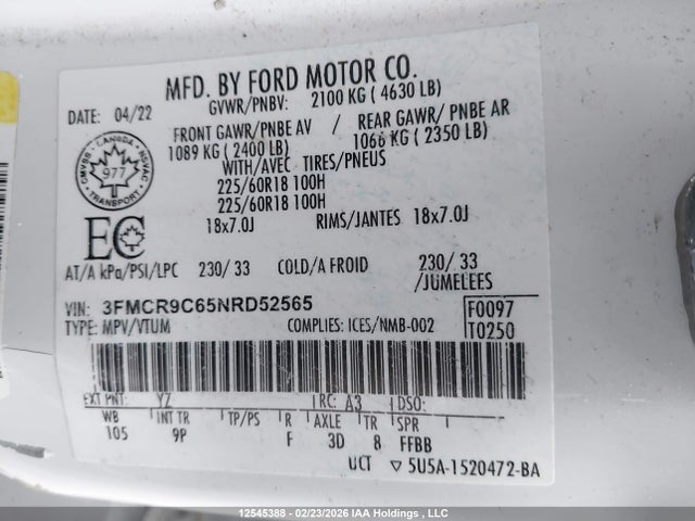 12545388 :رقم المزاد ، 3FMCR9C65NRD52565 vin ، 2022 Ford Bronco Sport Outer Banks مزاد بيع