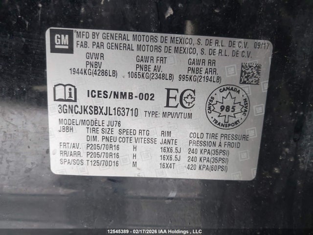 3GNCJKSBXJL163710 Chevrolet TRAX LS