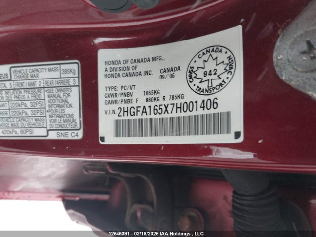 12545391 :رقم المزاد ، 2HGFA165X7H001406 vin ، 2007 Honda Civic Lx مزاد بيع