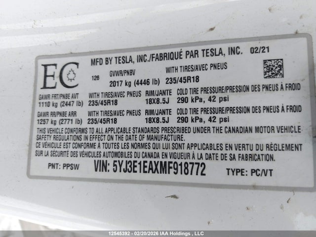 Aukcja sprzedaży 2021 Tesla Model 3 Standard Range/standard Range Plus, vin: 5YJ3E1EAXMF918772, numer aukcji: 12545392