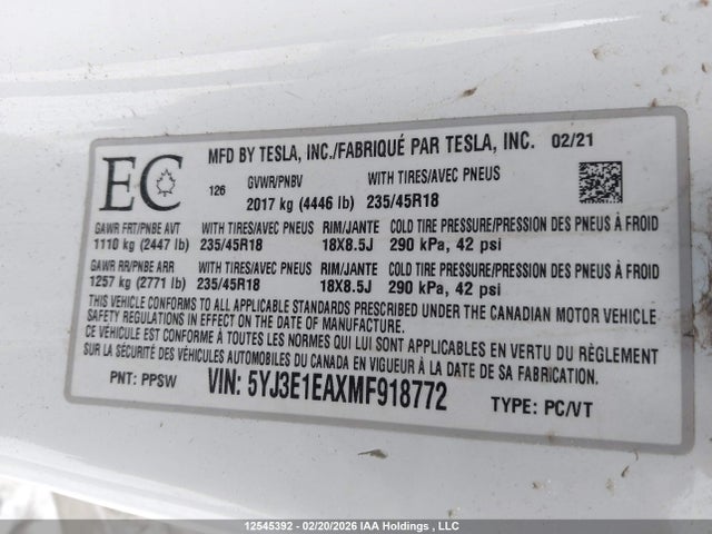 Aukcja sprzedaży 2021 Tesla Model 3 Standard Range/standard Range Plus, vin: 5YJ3E1EAXMF918772, numer aukcji: 12545392