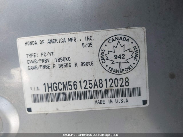 Aukcja sprzedaży 2005 Honda Accord, vin: 1HGCM56125A812028, numer aukcji: 12545410