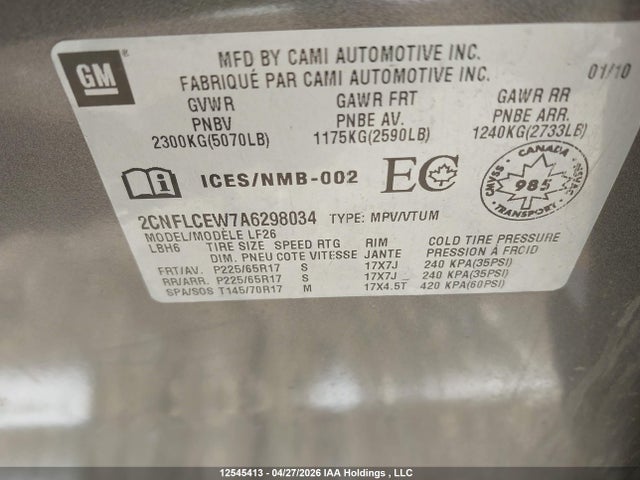2010 Chevrolet Equinox Ls მანქანა იყიდება აუქციონზე, vin: 2CNFLCEW7A6298034, აუქციონის ნომერი: 12545413