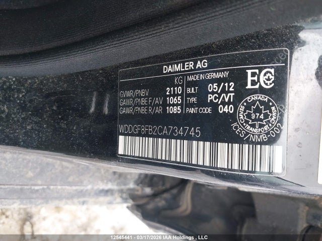Aukcja sprzedaży 2012 Mercedes-benz C 250 4matic, vin: WDDGF8FB2CA734745, numer aukcji: 12545441