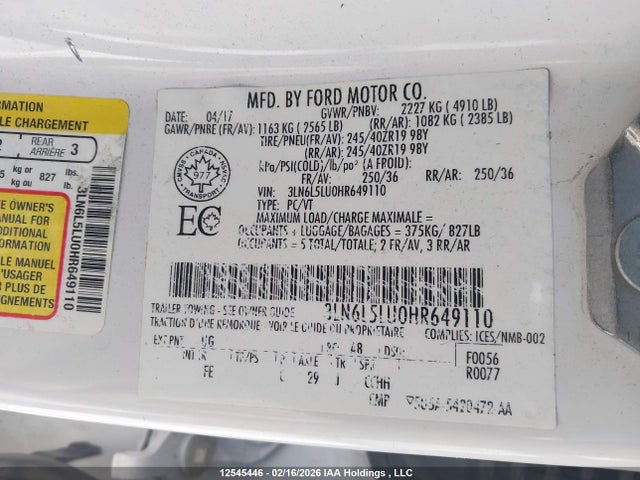 3LN6L5LU0HR649110 Lincoln Mkz Hybrid Select
