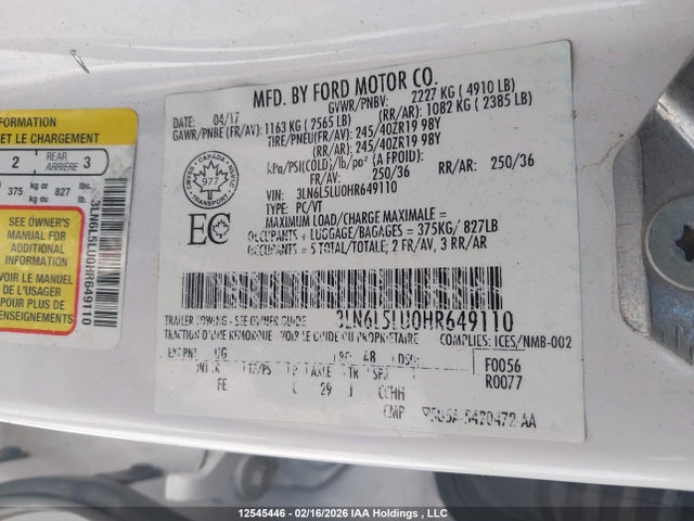 3LN6L5LU0HR649110 Lincoln Mkz Hybrid Select