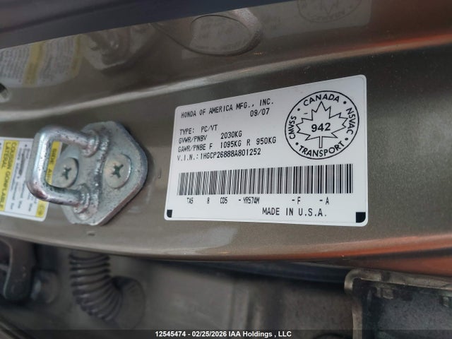 Aukcja sprzedaży 2008 Honda Accord Exl, vin: 1HGCP26888A801252, numer aukcji: 12545474