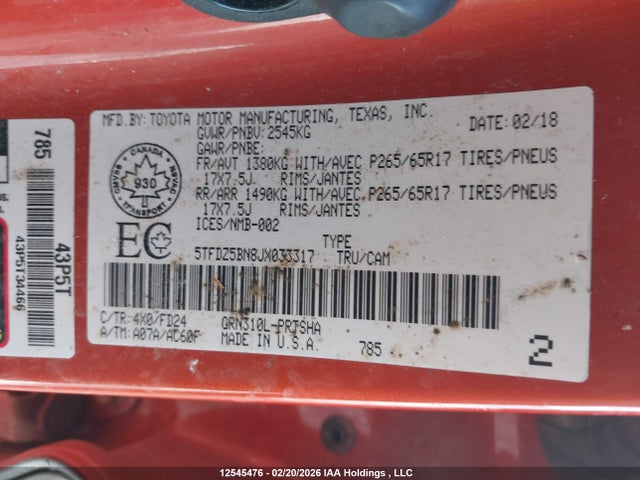 5TFDZ5BN8JX033317 Toyota Tacoma Dbl Cab/sr5/trd Sport/or