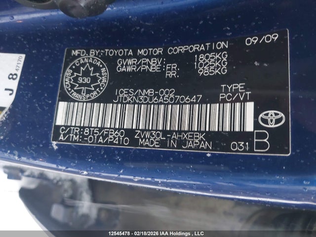Aukcja sprzedaży 2010 Toyota Prius, vin: JTDKN3DU6A5070647, numer aukcji: 12545478