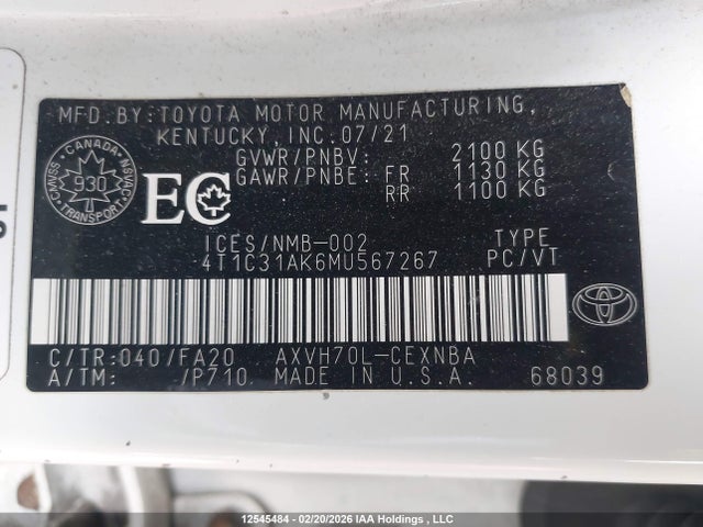 Aukcja sprzedaży 2021 Toyota Camry, vin: 4T1C31AK6MU567267, numer aukcji: 12545484