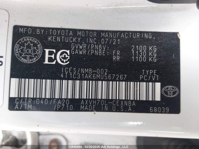 Aukcja sprzedaży 2021 Toyota Camry, vin: 4T1C31AK6MU567267, numer aukcji: 12545484
