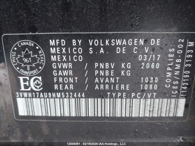 12545491 :رقم المزاد ، 3VWH17AU9HM532444 vin ، 2017 Volkswagen Golf Alltrack 1.8 Tsi مزاد بيع