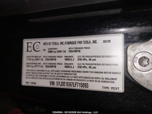 5YJ3E1EA7LF715093 Tesla Model 3 Standard Range Plus