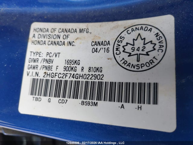 2HGFC2F74GH022902 Honda Civic Ex 4dr
