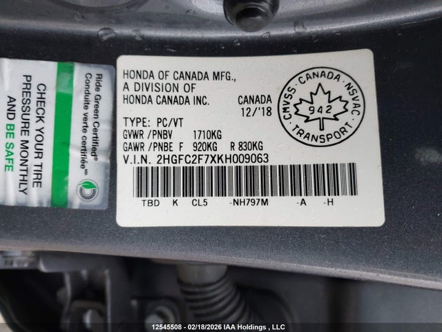 12545508 :رقم المزاد ، 2HGFC2F7XKH009063 vin ، 2019 Honda Civic Ex مزاد بيع