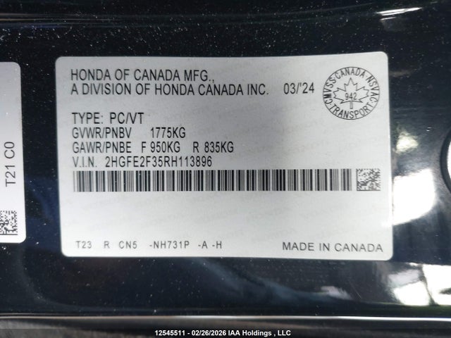 Honda CIVIC EX 2024 2HGFE2F35RH113896 Image 9
