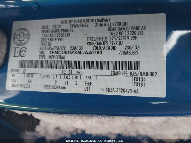 1FMCU9DZXMUA40790 Ford Escape Titanium Hybrid