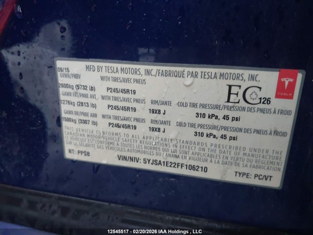 Tesla Model S 70d/85d/p85d 2015 5YJSA1E22FF106210 Image 9