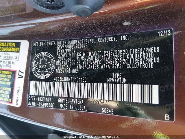 4T3BK3BB4EU101130 Toyota Venza Base V6
