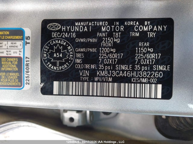 12545525 :رقم المزاد ، KM8J3CA46HU382260 vin ، 2017 Hyundai Tucson Luxury مزاد بيع