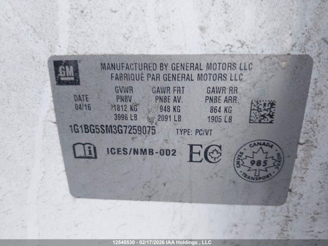 1G1BG5SM3G7259075 Chevrolet Cruze Premier Auto