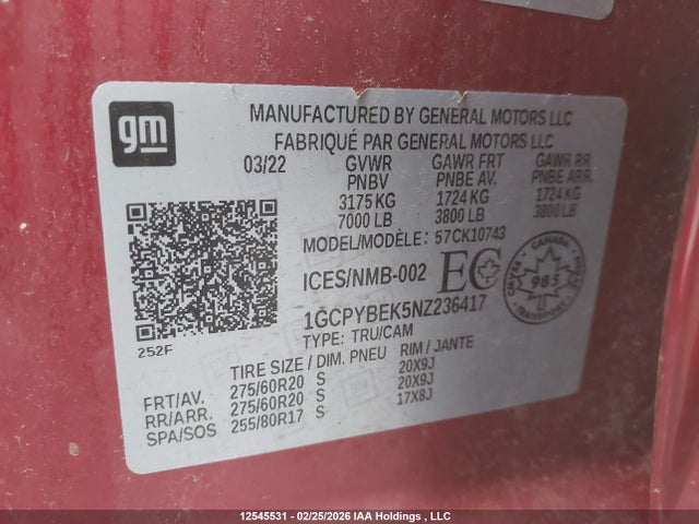 1GCPYBEK5NZ236417 Chevrolet Silverado 1500 Ltd Custom