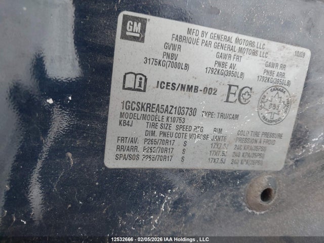 12532666 :رقم المزاد ، 1GCSKREA5AZ103730 vin ، 2010 Chevrolet Silverado 1500 Ls مزاد بيع