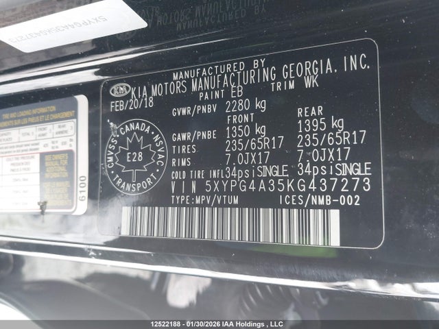 5XYPG4A35KG437273 KIA Sorento 2.4l Lx
