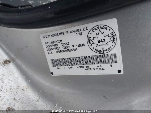 Aukcja sprzedaży 2007 Honda Odyssey Lx, vin: 5FNRL38217B512514, numer aukcji: 12545548