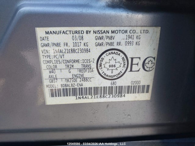 Aukcja sprzedaży 2008 Nissan Altima 2.5 S, vin: 1N4AL21E88C230984, numer aukcji: 12545580