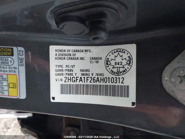 Aukcja sprzedaży 2010 Honda Civic Dx, vin: 2HGFA1F26AH010312, numer aukcji: 12545588