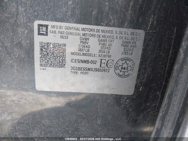 2018 Chevrolet Cruze Lt Auto მანქანა იყიდება აუქციონზე, vin: 3G1BE6SMXJS650972, აუქციონის ნომერი: 12545602