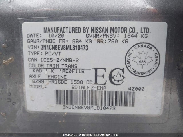 12545612 :رقم المزاد ، 3N1CN8EV8ML810473 vin ، 2021 Nissan Versa Sv مزاد بيع