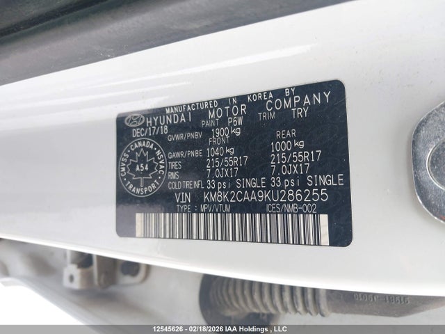 12545626 :رقم المزاد ، KM8K2CAA9KU286255 vin ، 2019 Hyundai Kona 2.0l Preferred مزاد بيع