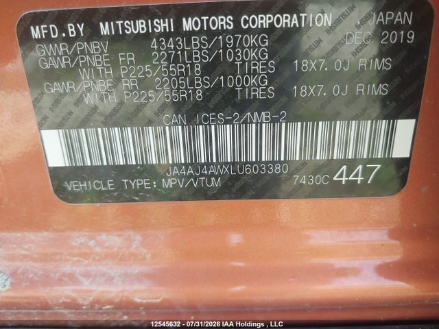 JA4AJ4AWXLU603380 Mitsubishi Rvr Se/sel/limited/gt