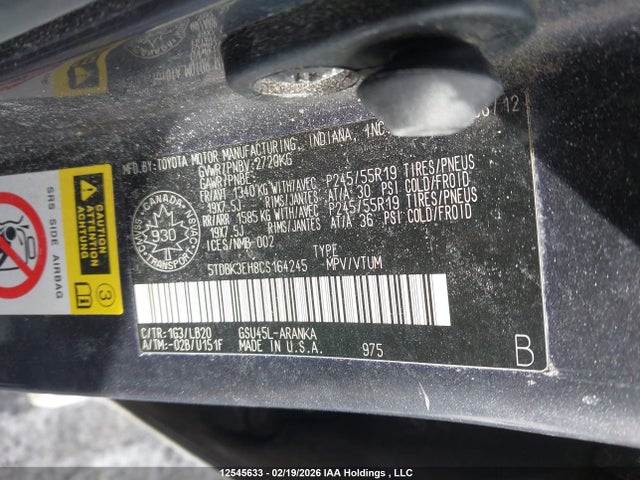 Aukcja sprzedaży 2012 Toyota Highlander, vin: 5TDBK3EH8CS164245, numer aukcji: 12545633
