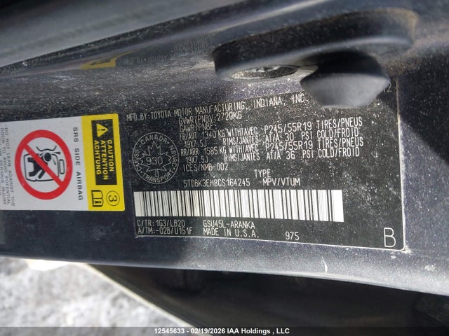 Aukcja sprzedaży 2012 Toyota Highlander, vin: 5TDBK3EH8CS164245, numer aukcji: 12545633