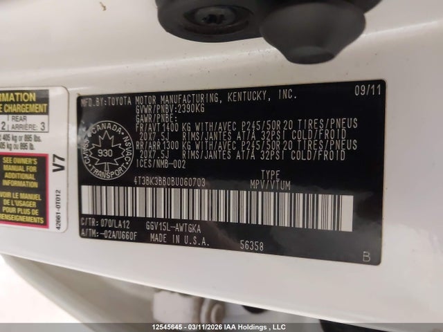 Aukcja sprzedaży 2011 Toyota Venza Base V6, vin: 4T3BK3BB0BU060703, numer aukcji: 12545645