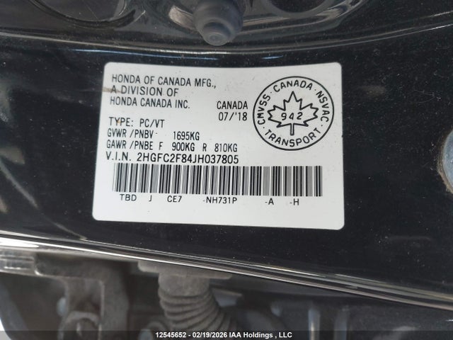 2018 Honda Civic მანქანა იყიდება აუქციონზე, vin: 2HGFC2F84JH037805, აუქციონის ნომერი: 12545652
