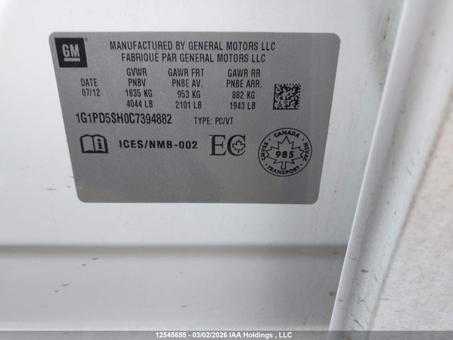 Продаж на аукціоні авто 2012 Chevrolet Cruze Ls, vin: 1G1PD5SH0C7394882, номер лоту: 12545655