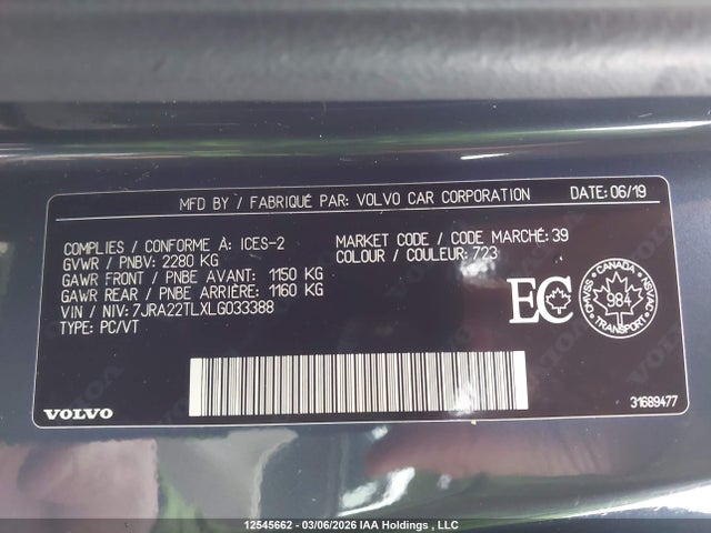 7JRA22TLXLG033388 Volvo S60 T6 Inscription