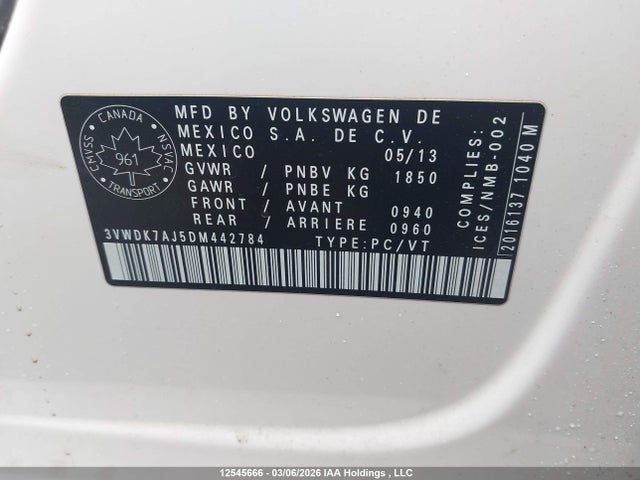 12545666 :رقم المزاد ، 3VWDK7AJ5DM442784 vin ، 2013 Volkswagen Jetta 2.0l Comfortline مزاد بيع