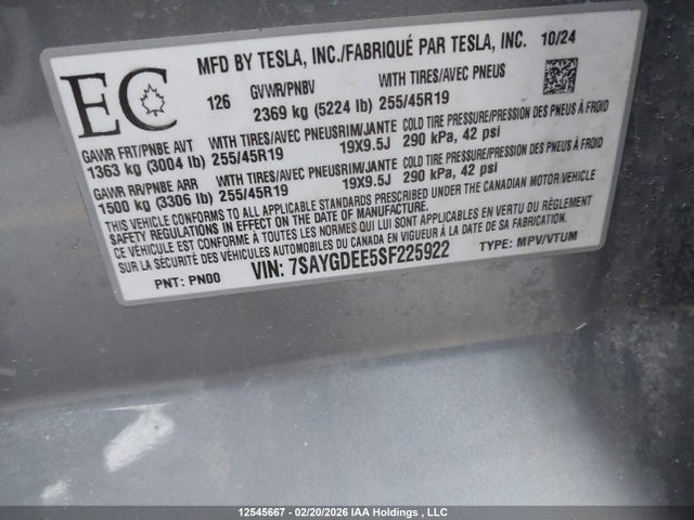 7SAYGDEE5SF225922 Tesla Model Y Long Range