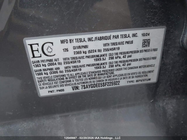 7SAYGDEE5SF225922 Tesla Model Y Long Range