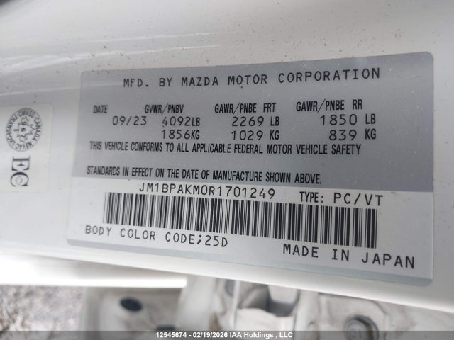 12545674 :رقم المزاد ، JM1BPAKM0R1701249 vin ، 2024 Mazda 3 Select Sport مزاد بيع