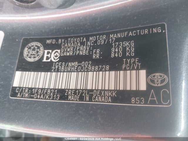 2T1BURHE0JC988728 Toyota COROLLA LE