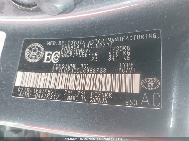 2T1BURHE0JC988728 Toyota COROLLA LE