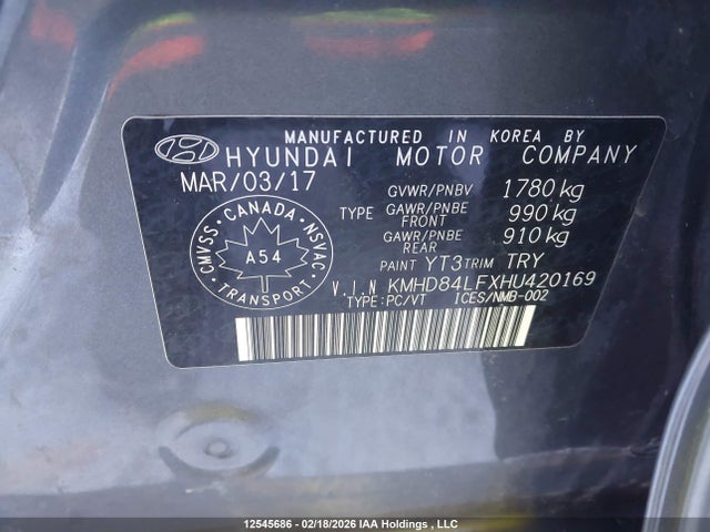 KMHD84LFXHU420169 Hyundai Elantra Se/value/limited