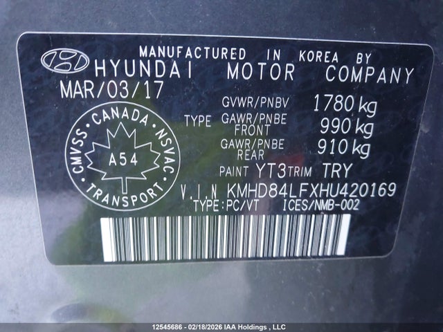 KMHD84LFXHU420169 Hyundai Elantra Se/value/limited