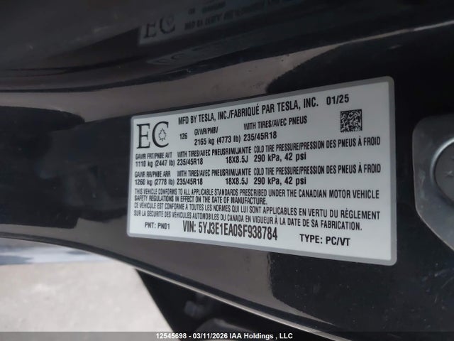 Aukcja sprzedaży 2025 Tesla Model 3 Long Range, vin: 5YJ3E1EA0SF938784, numer aukcji: 12545698